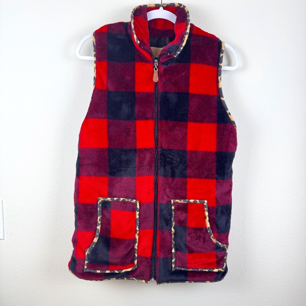 JUDY K Velour Buffalo Plaid Vest Leopard Hem Edging / Size Small - Medium